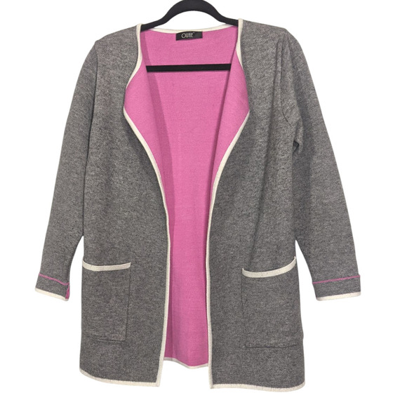 Ouhe Preppy Gray Kint Open Front Cardigan Blazer Pink Lining Small Medium - Picture 1 of 9